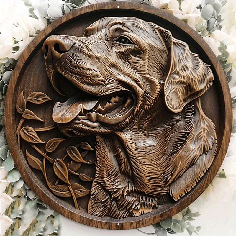 Premium Aluminum Metal Sign, Dog Plaque, Engraved, Wooden Labrador Retriever, Circular Design, Decorative Home, 8x8Inch, 1Pc