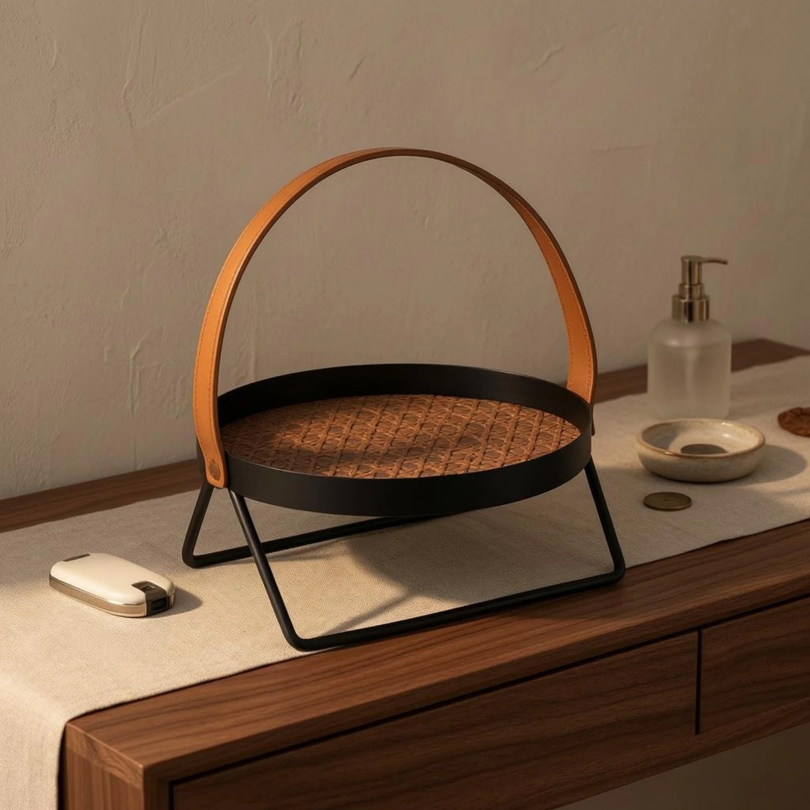 Handle Basket Rack Black Metal Basket-Style Storage Rack Iron Leather for Countertop, Desktop