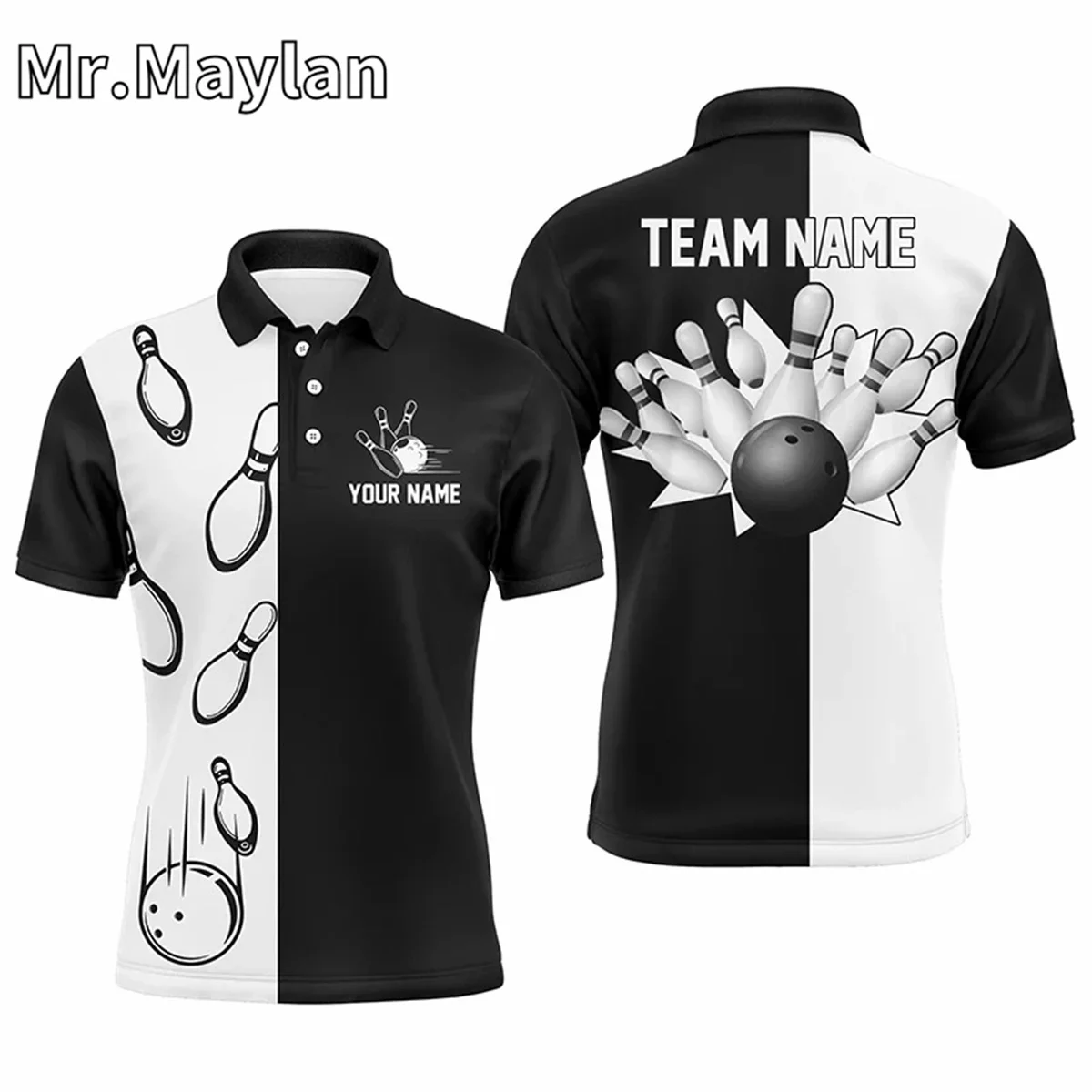 3D Black and White Retro Vintage Bowling Polo Shirt for Men Custom Name Bowling Team Jersey Apparel Gift for Bowling Lovers Tops