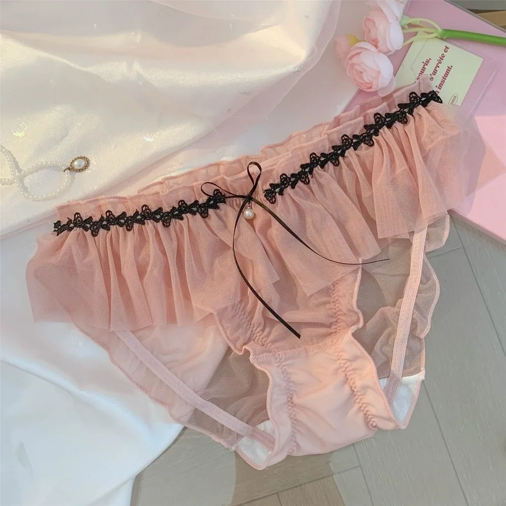 Female Lingerie Mesh Thin Women's Underwear Bow Transparent Ruffle Briefs Sweet Low Waist Triangle Pants Girls' Style