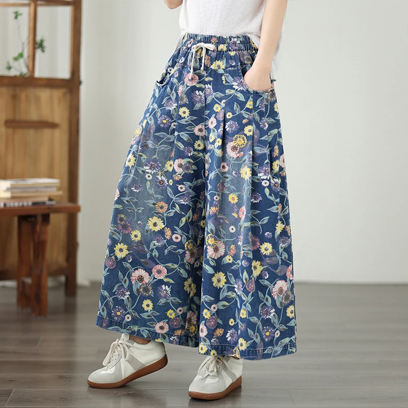 plus Size Floral Print Elastic Waist Wide Leg Jeans Casual Versatile Straight Cut Blue Denim Trousers High Waist Long Pants
