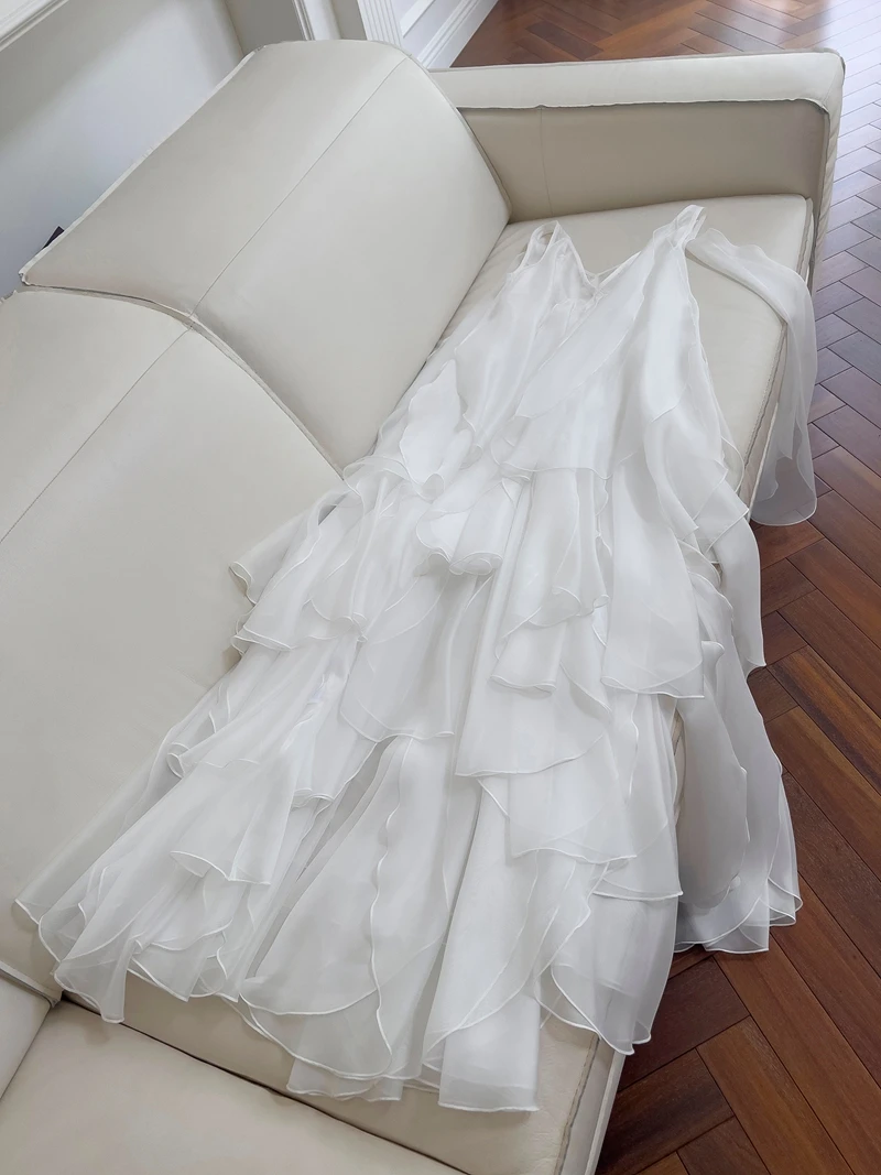 ชุดเดรสสีขาวแบบมีชั้นชายกระโปรงทรงเอ สไตล์เกาหลี เอวสูง ซิปด้านหน้า ความยาวปานกลาง สำหรับผู้หญิง