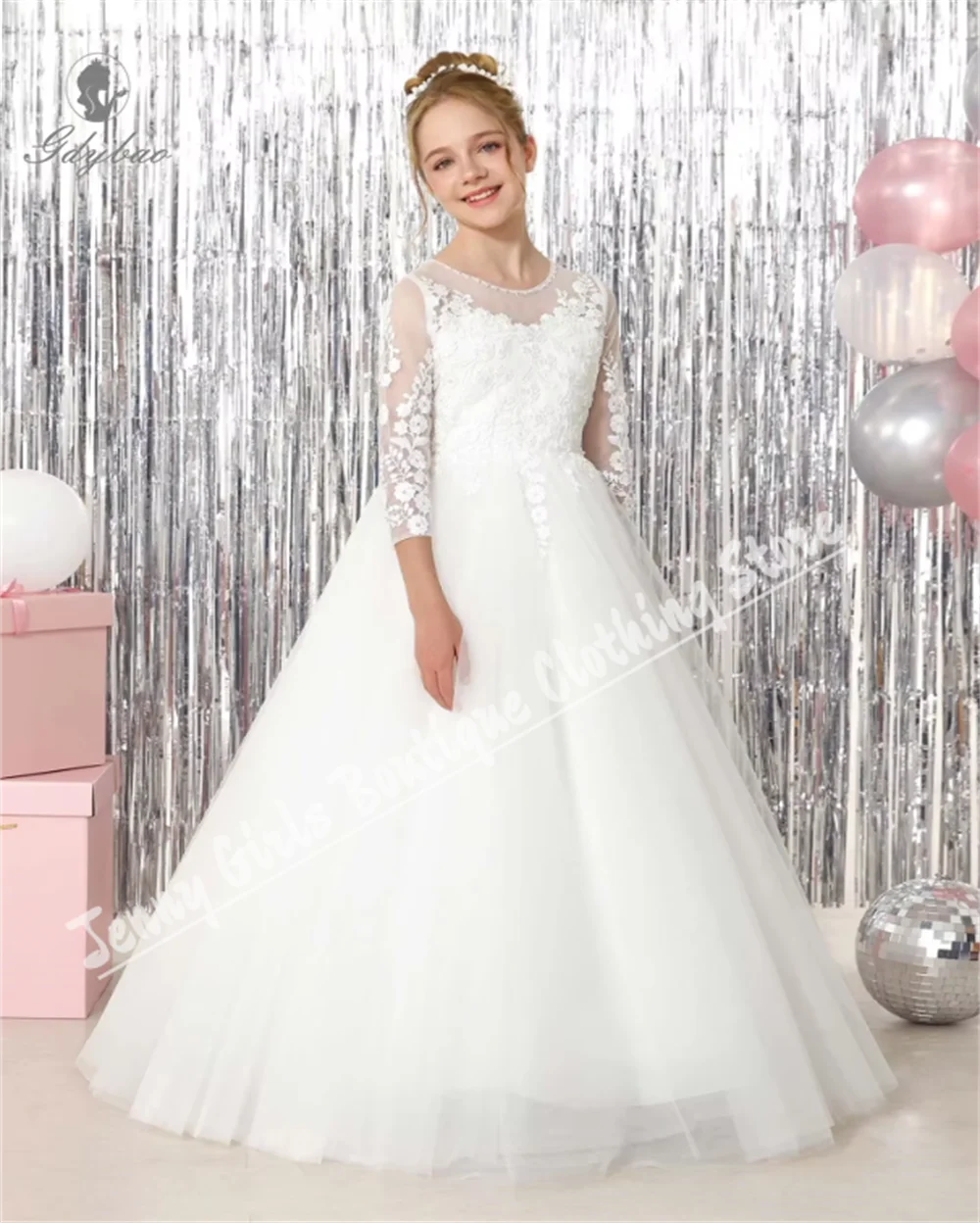 Ivory Floor Length Flower Girl Dresses 3/4 Sleeve Lace Kids Birthday Banquet Performance Party First Communion Dress