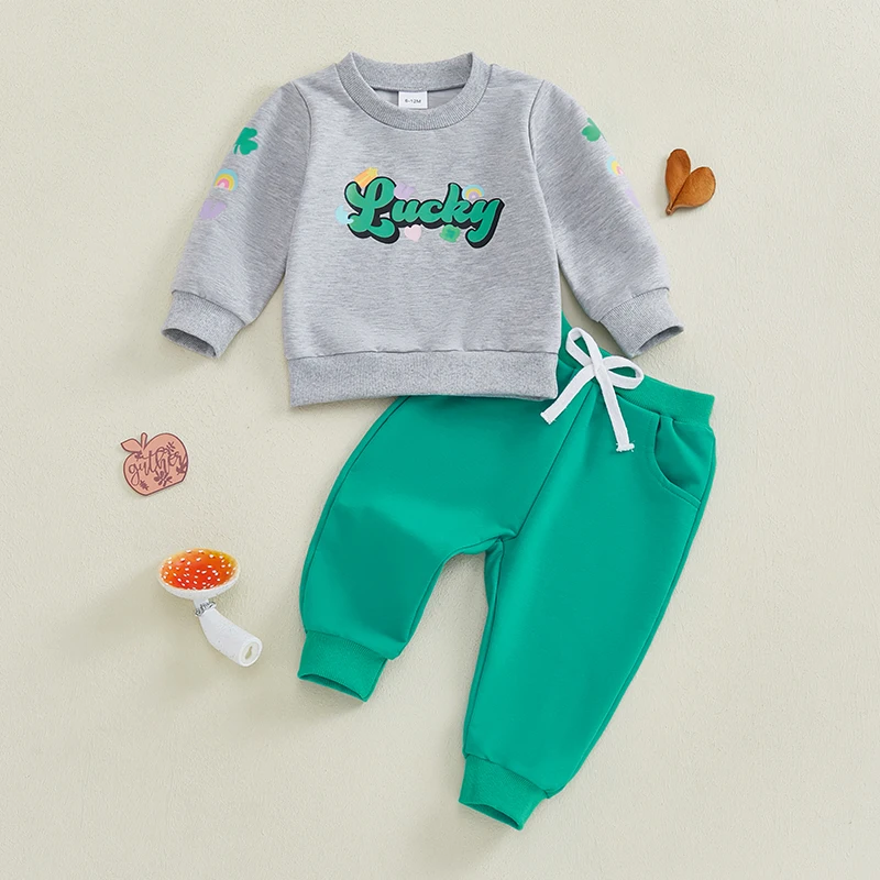 Conjuntos de otoño para niños y niñas, sudadera informal con estampado de letras, manga larga, cuello redondo y pantalones largos lisos, para el Día de San Valentín