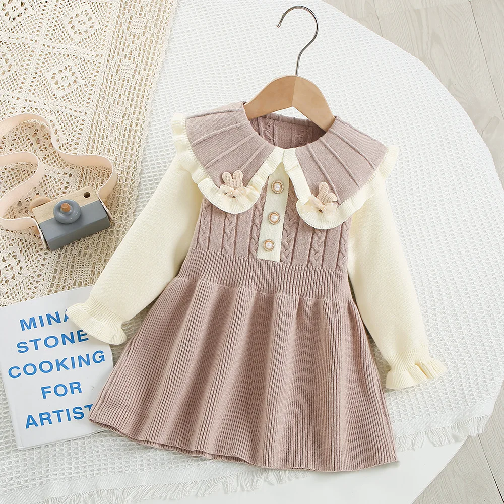 LILIGIRL 2023 Herbst Neue Mädchen Kleid Peter Pan Kragen Kleid Für Mädchen EINE Linie Stricken Kleid Nette Mädchen Strickwaren