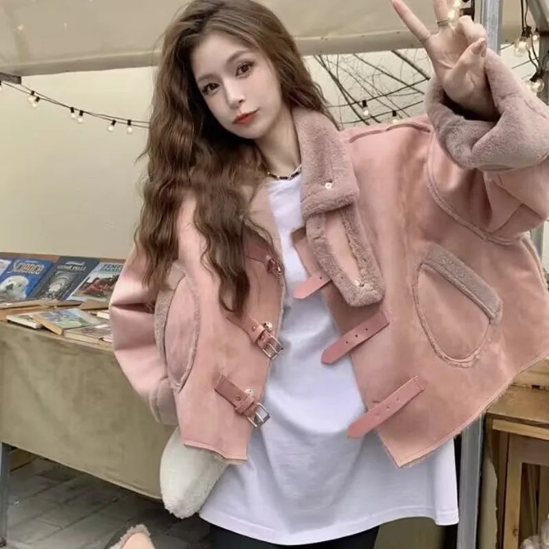 Autumn Winter Women Thick Warm PINK Faux Leather Shearling Short Jacket Ladies Vintage Coat Female Outerwear Chic Tops