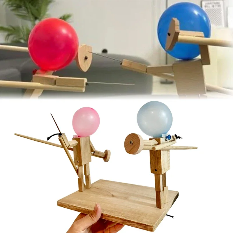 Balloon Bamboo Man Battle Wooden Fighter with Inflatable Head Fast-Paced Balloon Fight Wooden Bots Battle Game for 2 Players