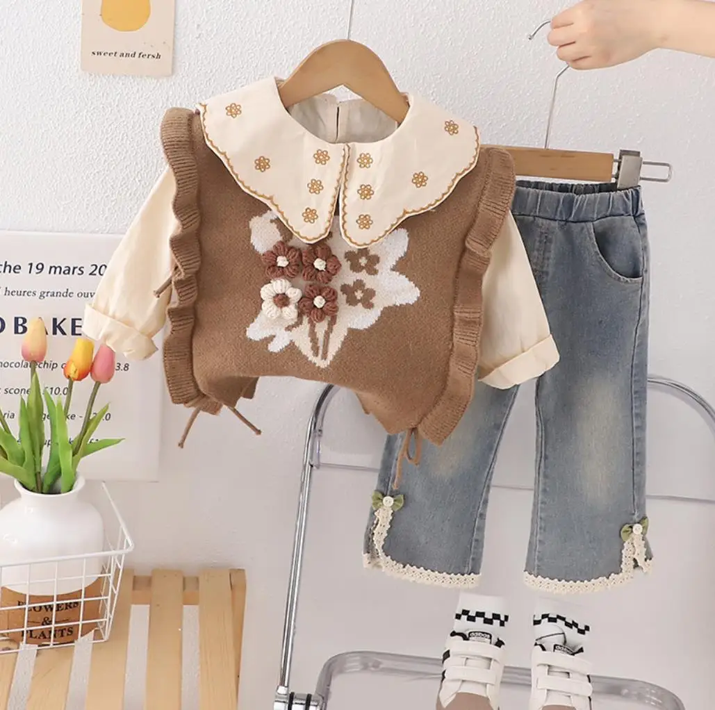 

Korean Style Kids Baby Clothes Sets 1 To 5 Years Jacquard Sweater Vest+Embroidered Shirts+Pants 3PCS Infant Girls Outfits