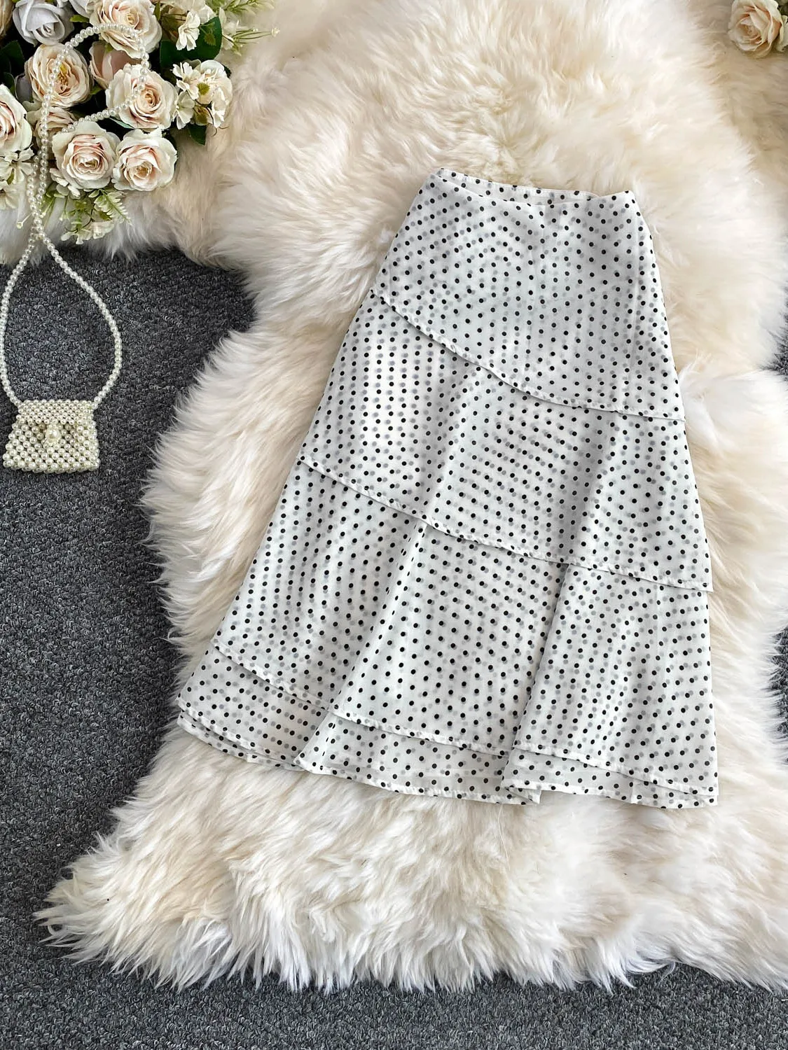 2026 Summer New Sweet Polka Dot Ruffle Hem Midi Skirt Versatile American Style High Waist Slimming A-Line Skirt for Young Women