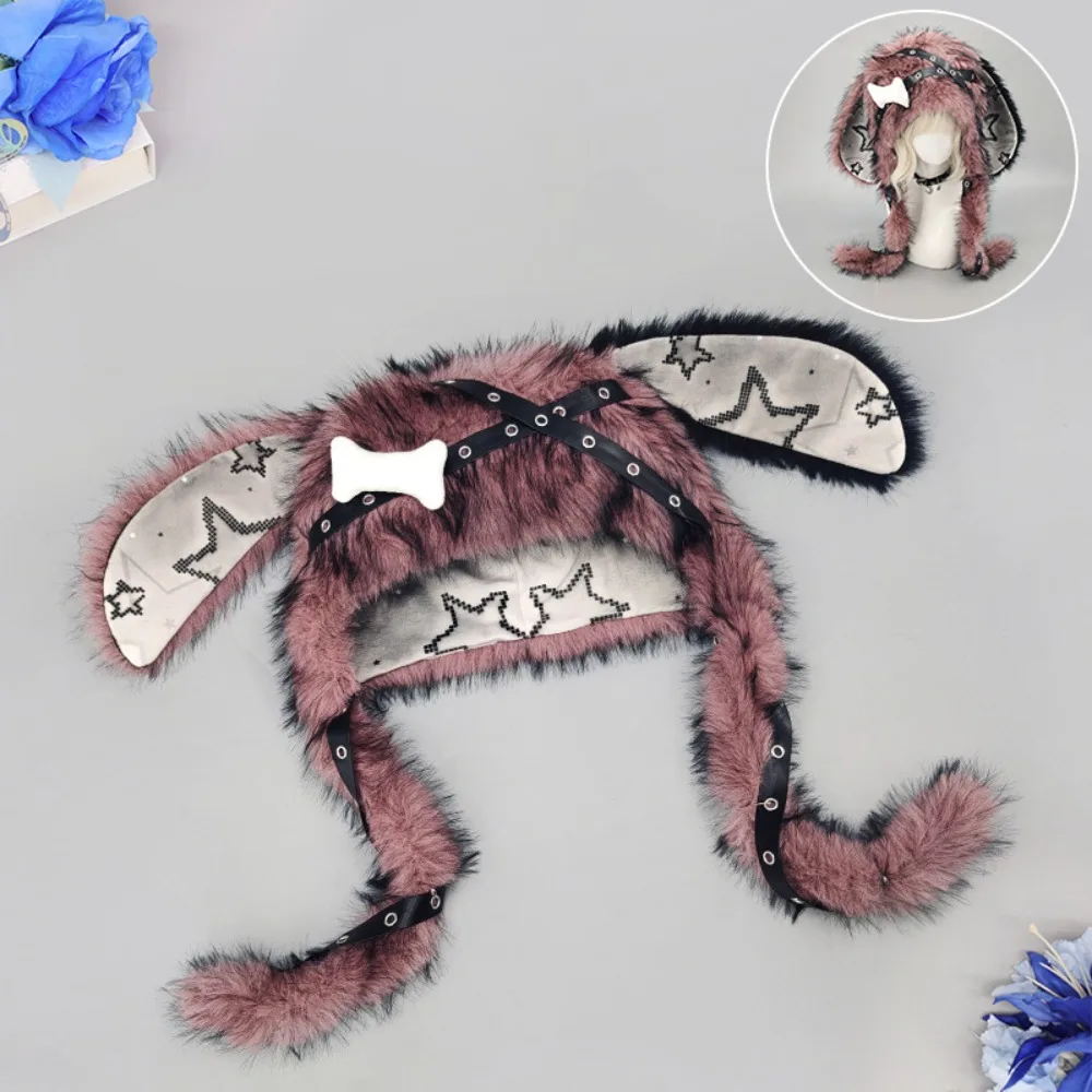 Creative Gift Y2K Streetwear Bunny Ear Hat Punk Style Faux Fur Hat Adjustable Snaps Gothic Style Star Print Ears