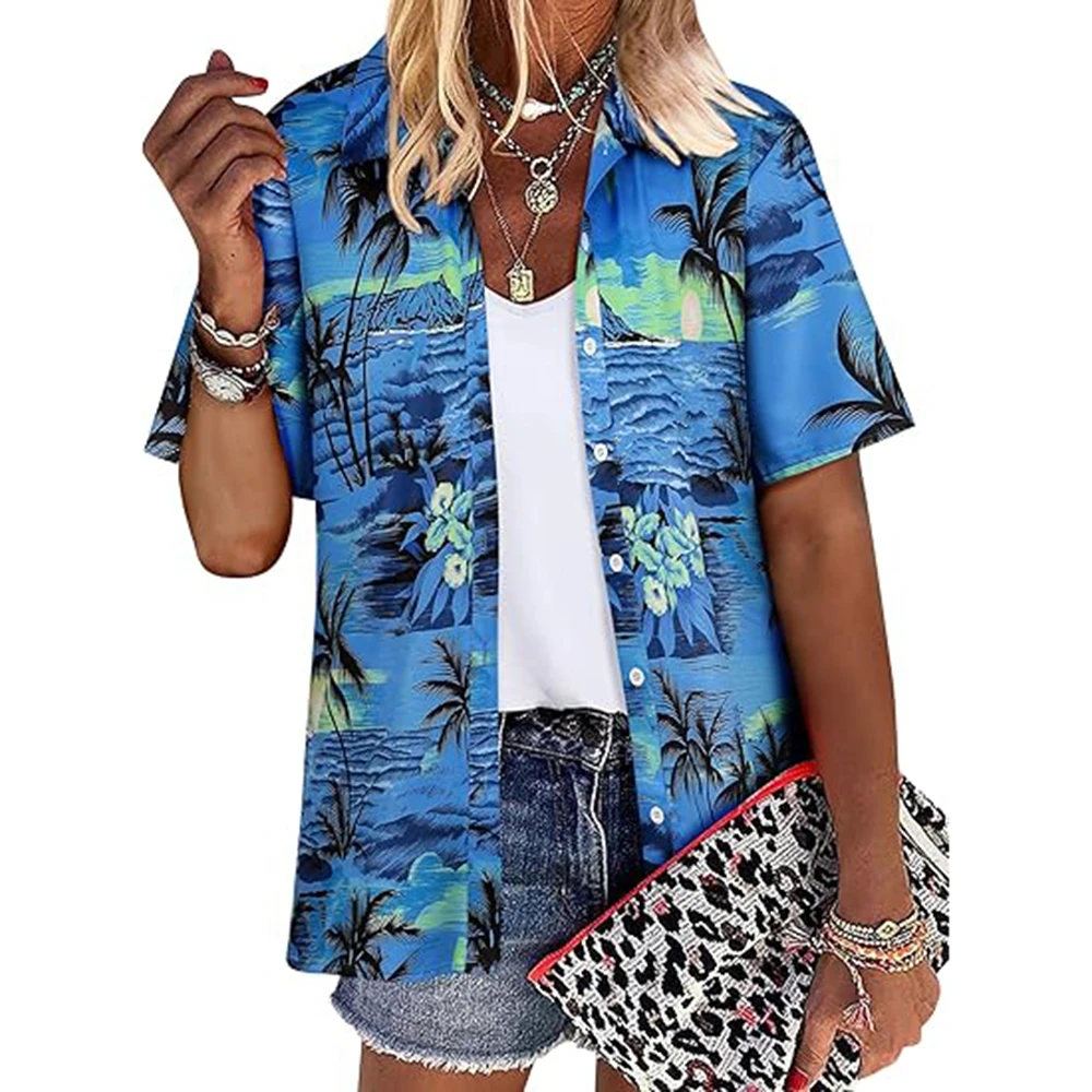 Coconut Tree Print Women\'s Short Sleeve Single Breasted Shirt Casual Hawaiian Style Short Sleeve Top Lapel Button Shirts Summer