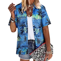 Coconut Tree Print Women's Short Sleeve Single Breasted Shirt Casual Hawaiian Style Short Sleeve Top Lapel Button Shirts Summer