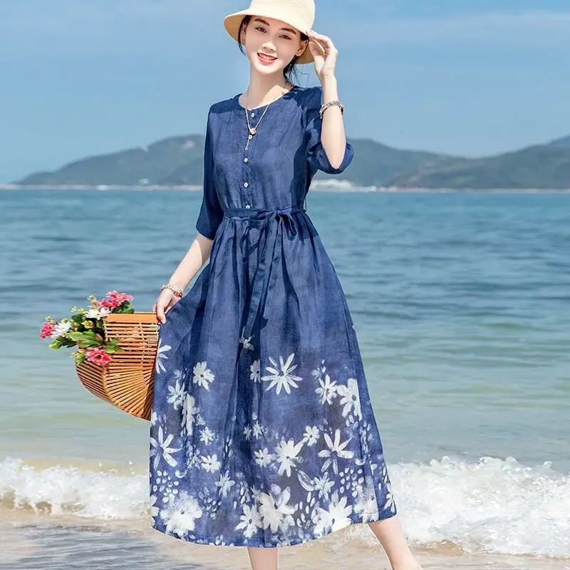 Women Dress 2024 Spring Summer Casual Floral Printed Long Dresses Ladies O-neck Half Sleeve Loose A-line Vestidos