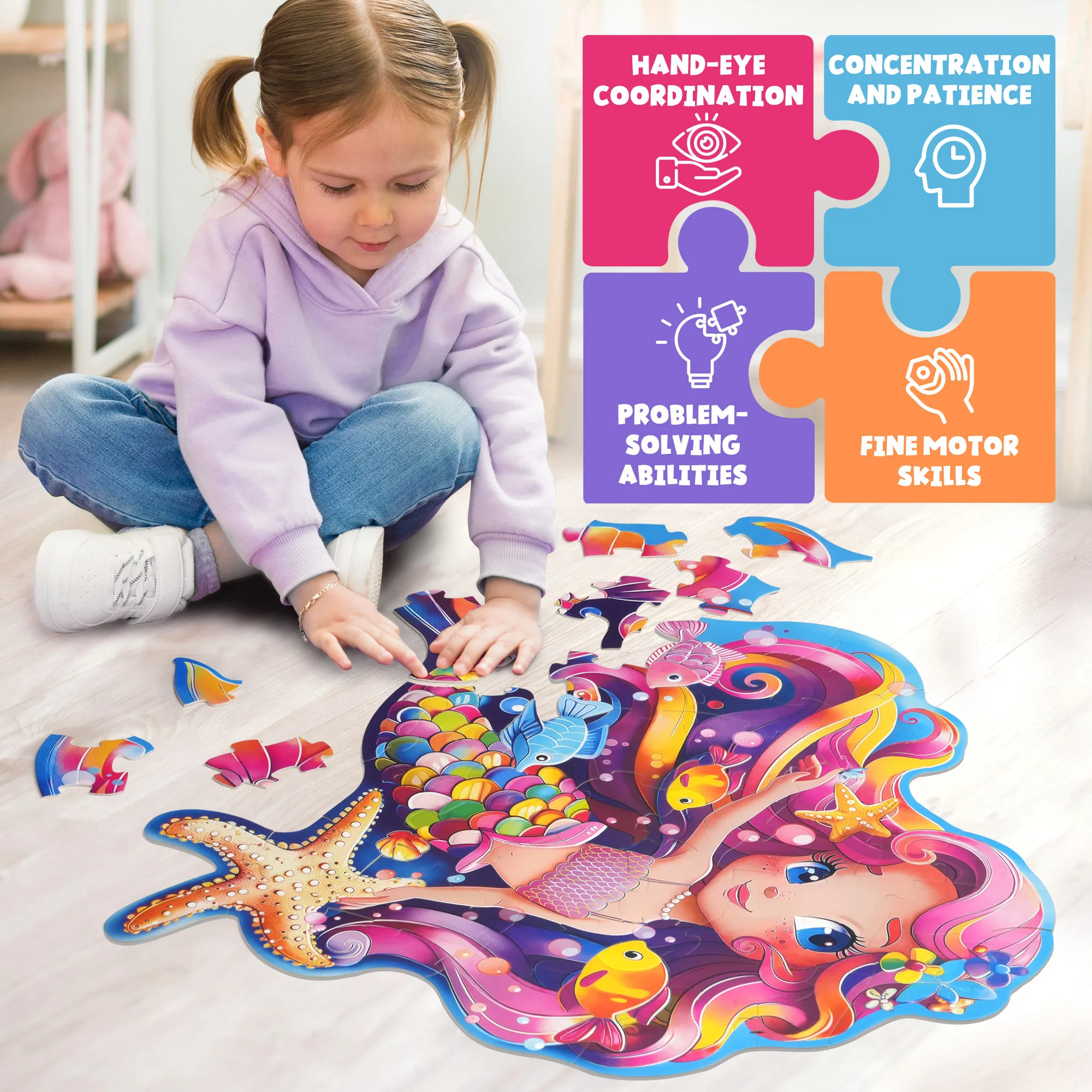 Bodenpuzzles für Kinder, Kleinkinder im Alter von 4–6 Jahren, 52-teiliges Meerjungfrauenpuzzle, Meerjungfrauenspielzeug, Weihnachtsgeburtstagsgeschenk für Mädchen und Jungen
