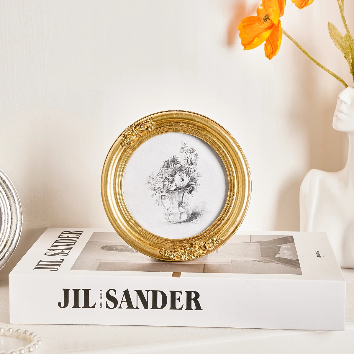 1PC, Resin Material, Gold, Silver, Brown Frame with Small Floral Pattern Decoration, Multiple Colors Available