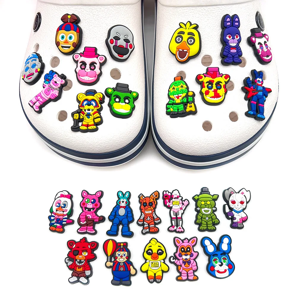 

Hot 25Pcs/set Cartoon Game FNAF Freddy Fazbear Bear Kids Shoes Accessories PVC Buckle Decoration Fit for Shoes Kids Gifts