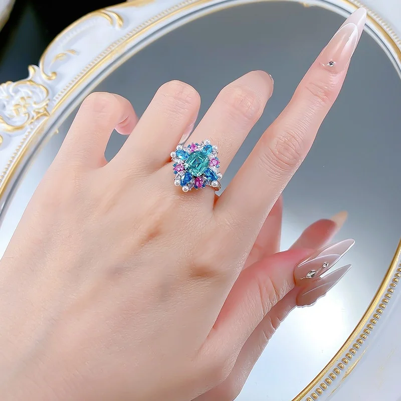 الفاخرة الشهيرة عالية المجوهرات سر حديقة بارايبا التورمالين اللؤلؤ المشاركة الزفاف الأزهار خاتم الزبرجد كوكتيل النساء الفرقة #3
