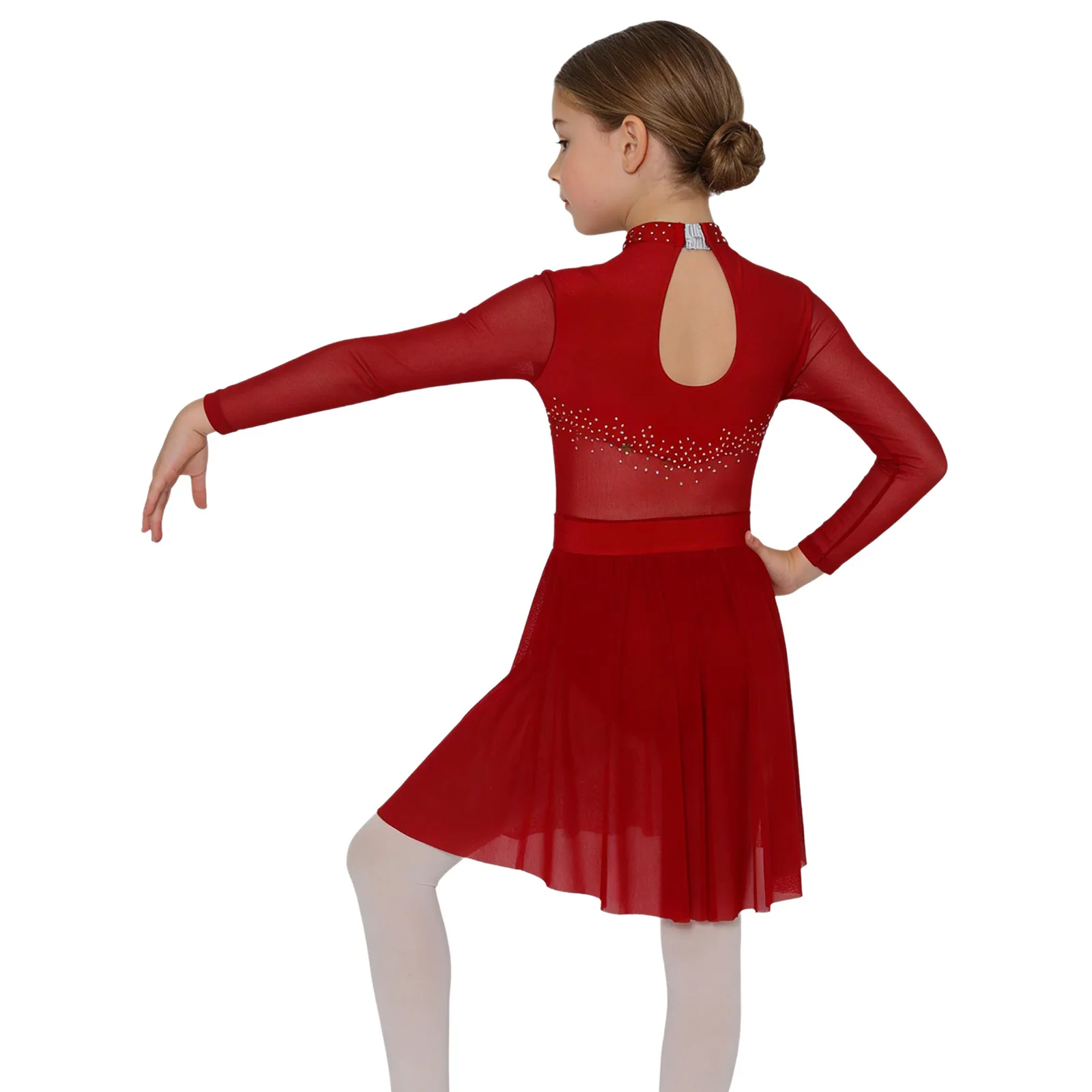 Kids Girls Sheer Mesh Rhinestone Modern Lyrical Dance Leotard Dress Skating Gymnastics Acrobatics Ballet Performance Costume