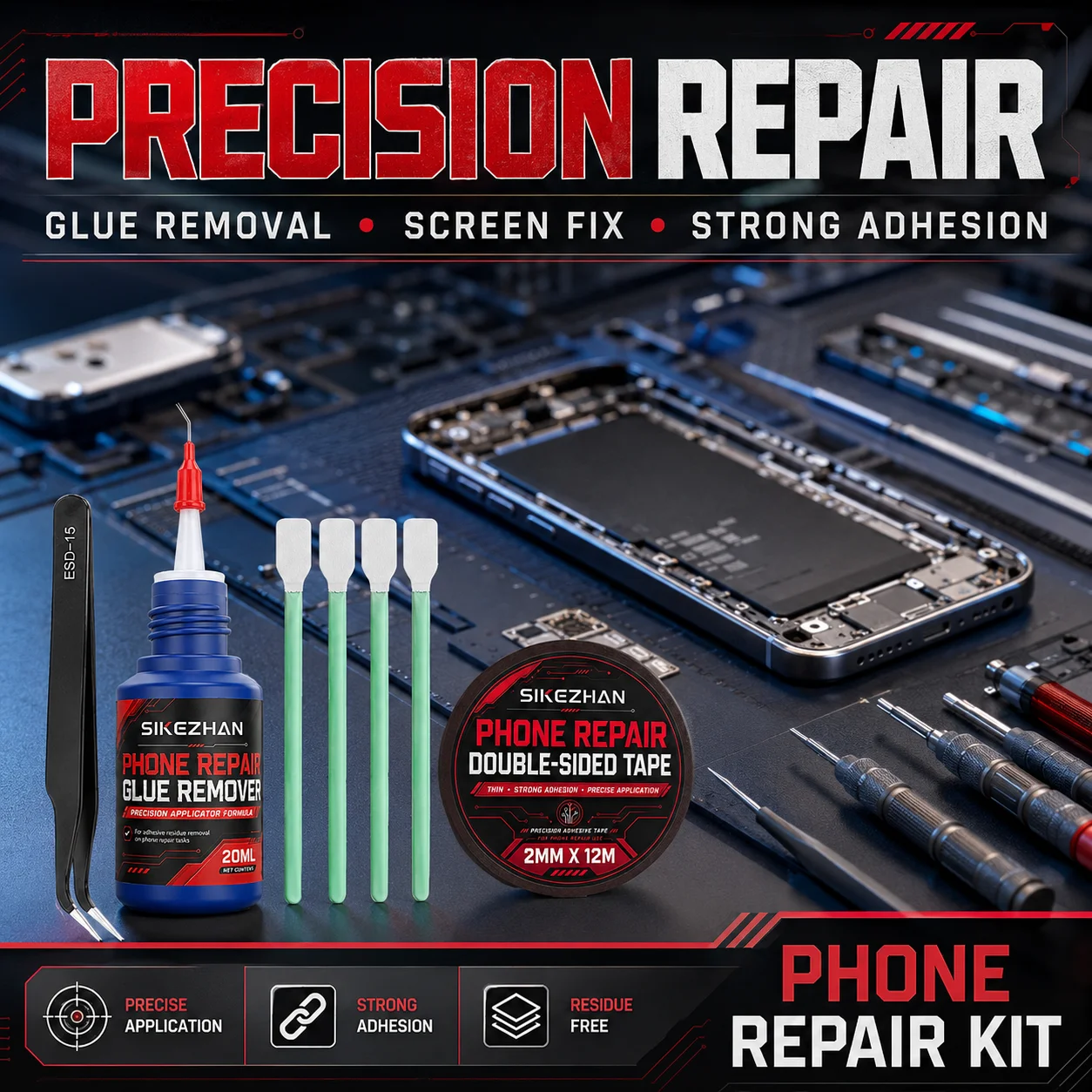 Cell Phone Screen Repair Set with 20ml Adhesive Remover, Fine Tip Tweezers, 4 Lint-Free Swabs and Strong Double-Sided Tape