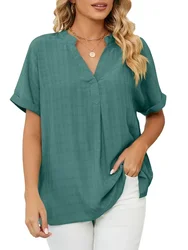 Women's Short Sleeve V-Neck Chiffon Tops, Solid Tops