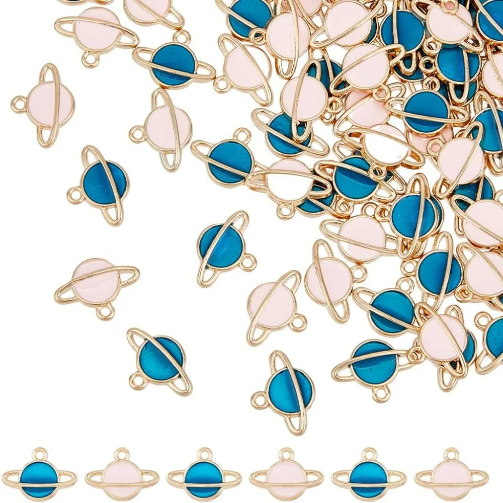 120Pcs Enamel Planet Pendants Blue Neptune Charms Pink Planet Charms Space-Themed Celestial Charms Gold Alloy Pendants