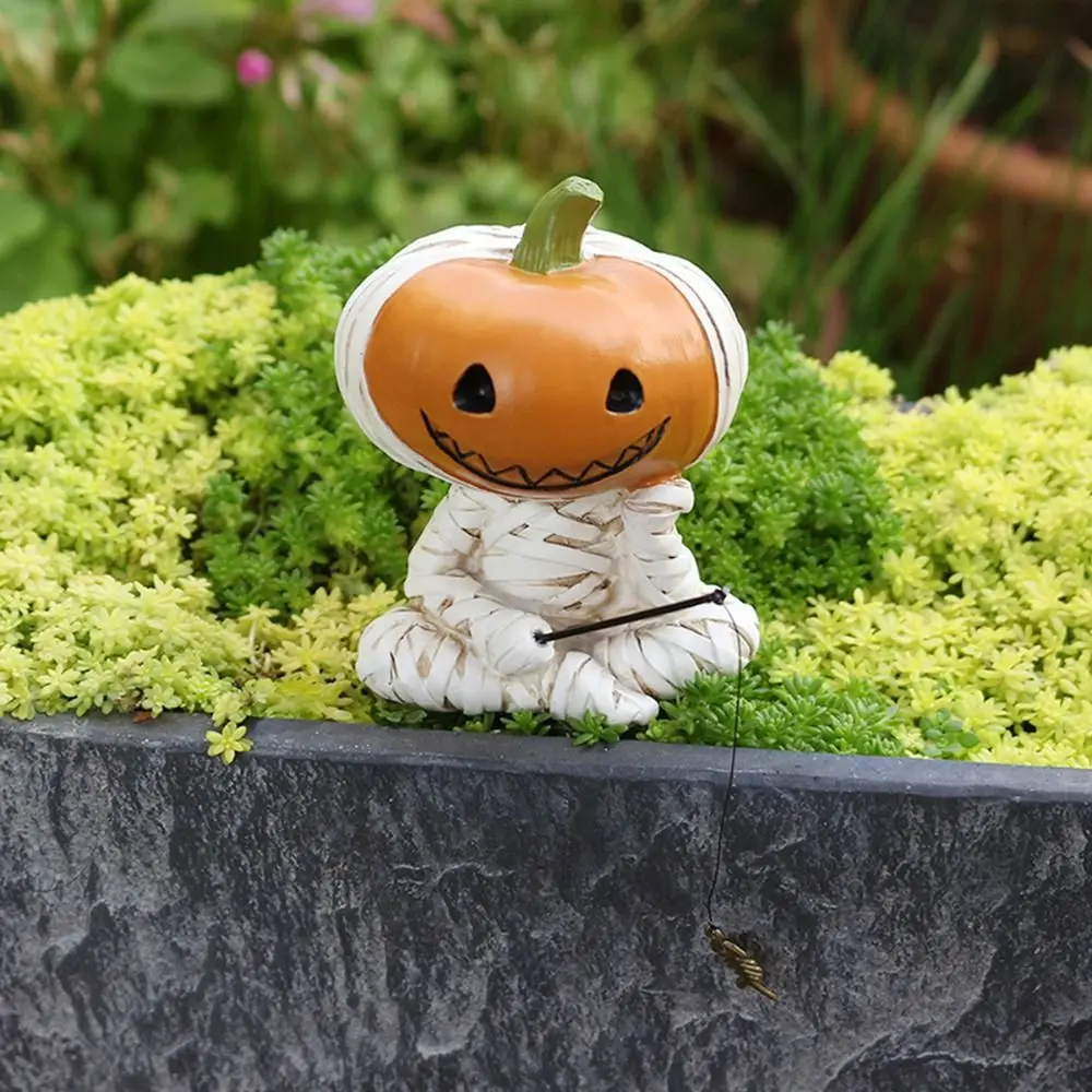 

Resin Pumpkin Scarecrow Fishing Statue Cartoon Cute Pumpkin Elf Sculpture Creative Waterproof Miniatures Figurine Lawn
