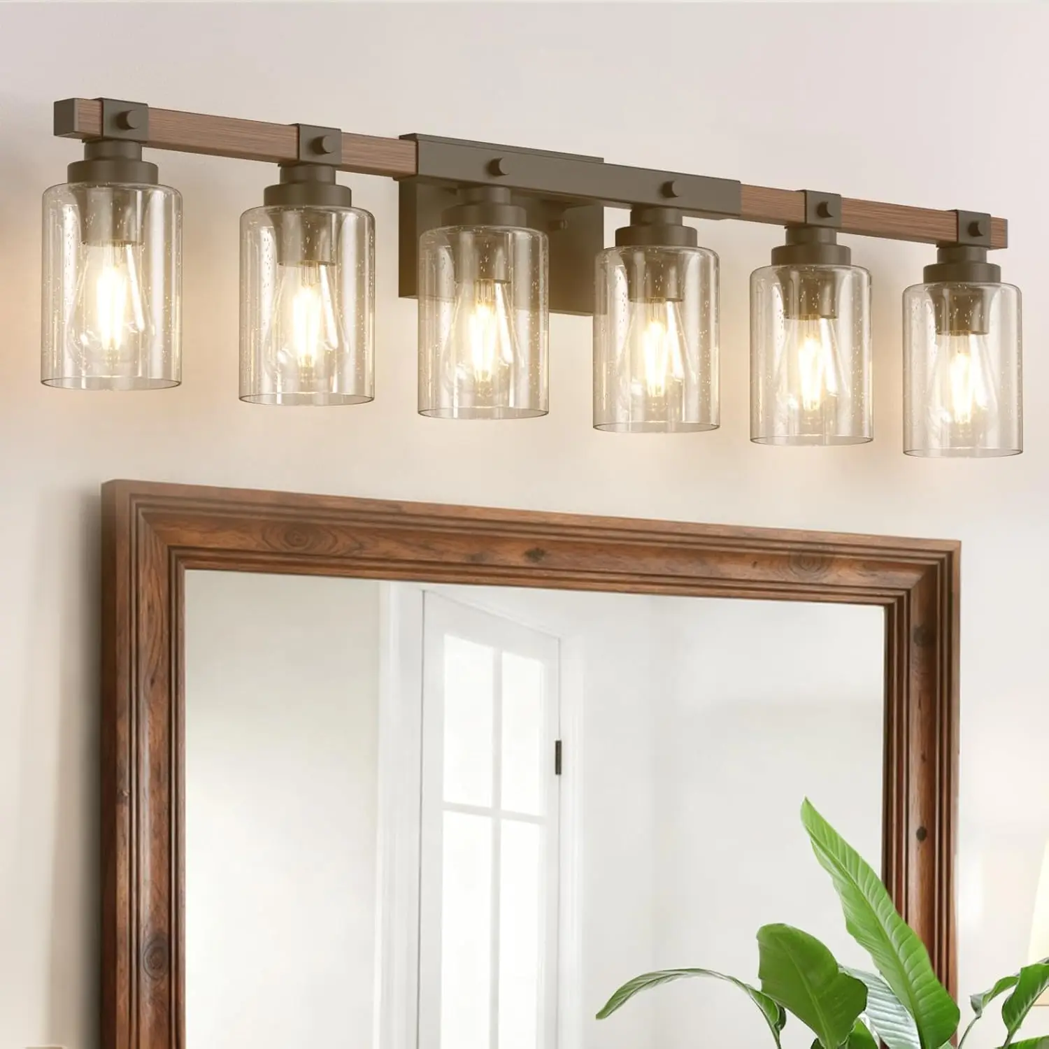 Lámpara de Pared Rústica de Madera Industrial de 6 Luces con Pantalla de Cristal de Burbujas, Aplique de Pared Vintage Negro para Baño
