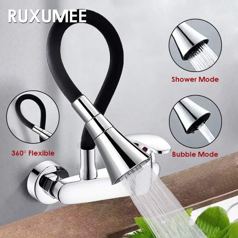 

360 Rotatable Flexible Wall Mounted Kitchen Faucet Polished Chrome 2 Modes Hot and Cold Water Sink Faucet Taps Black Silvery