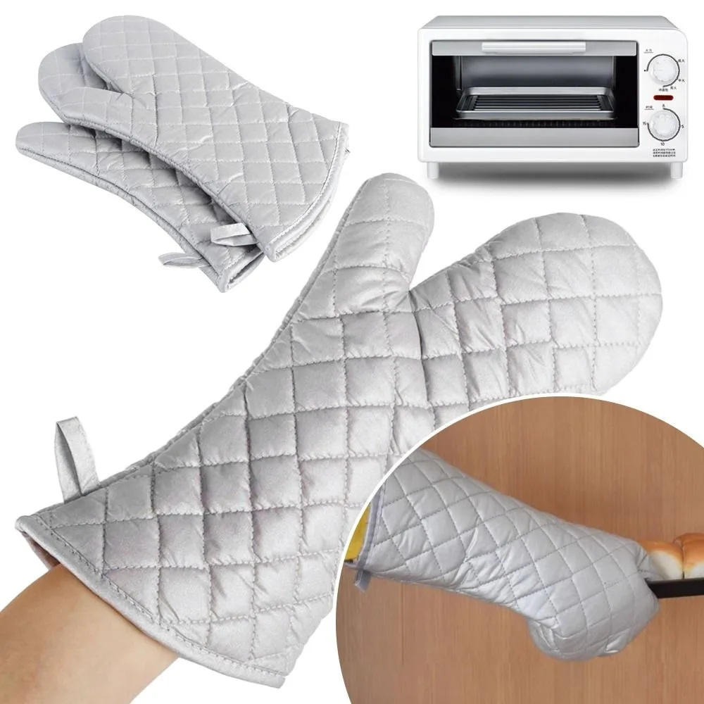 Professional Cotton Lining Oven Mitts 1 Pair Silver Oven Glove Extra Long Kitchen Gloves Cooking
