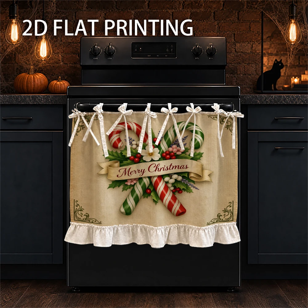 1PC Christmas Kitchen Curtain-Cabinet Curtain-Apron. Printed with candy cane, Holly, and 