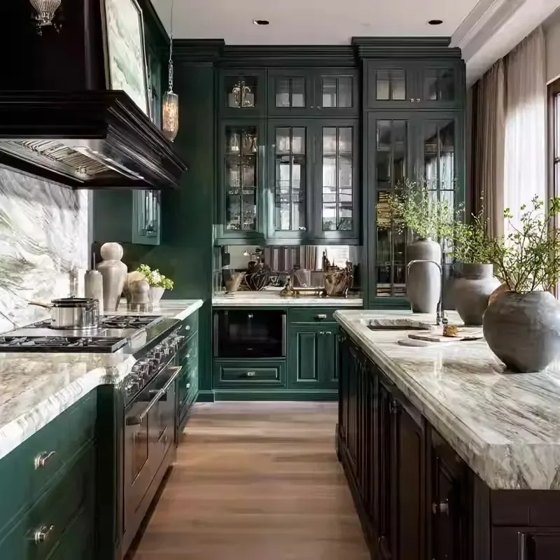 American Retro Dark Green Solid Wood Kitchen Cabinets - Whole House Customization, Full-Home Renovation, Factory Direct Making
