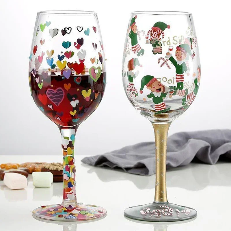 Christmas Print Wine Glass Christmas Decor Red Wine Goblet Creative Hand Drawing Painted Home Party Festival Cups Bar Wine Set