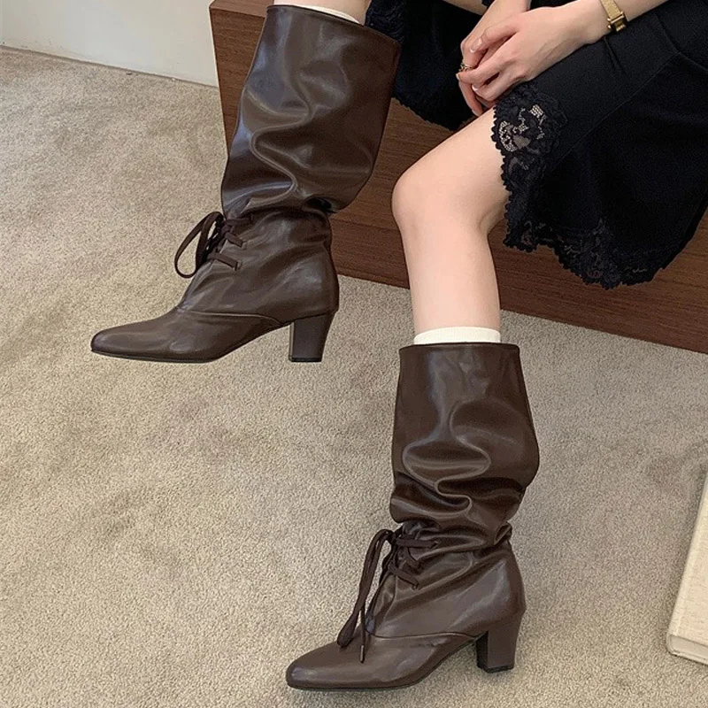 Eilyken Fashion Winter Knee-High Boots Woman Round Toe Square Heels Shoes Designer Lace-up Long Modern Ladies Booties image 3