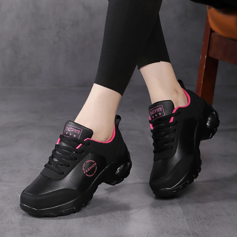 Black Sneakers Sport Woman Platform Thick Sole Leather Soft Air Cushioning Shoes Damping Running Shoes Non Slip Ladies Trainers