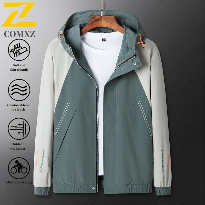 

COMXZ Men Outdoor Sporty Windbreaker Color Block Hooded Jacket Windproof Waterproof Autumn Casual Coat Lightweight Streetwear