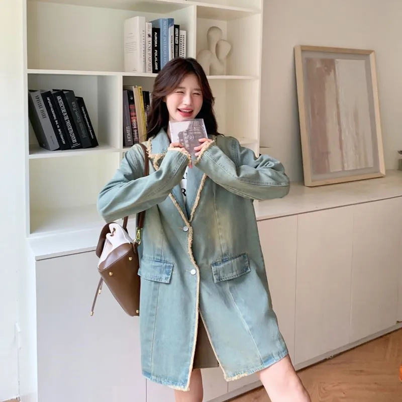 

SuperAen Blue Casual Denim Jacket Women's 2024 Autumn New Korean Style Vintage Loose Fashion Design Notched Coats