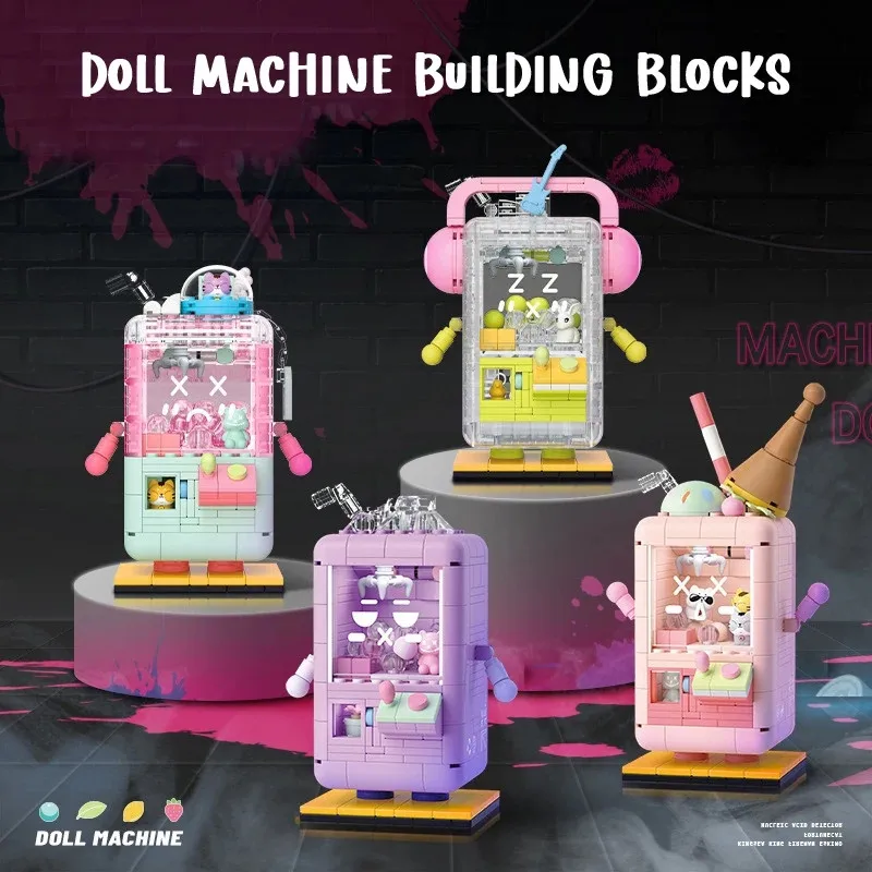 Cute Colorful Doll Machine Toys DIY Creative Mini Claw Catch Building Blocks Birthday Gift Model Assembly Toy for Kids Adult