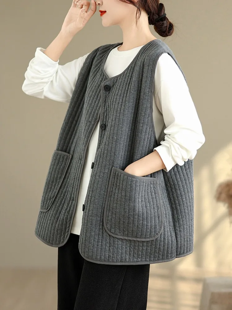

Retro Texture Stitched Line Svel Vest Jaet Women's Large Size Outerwear Layering oulder Padl Top