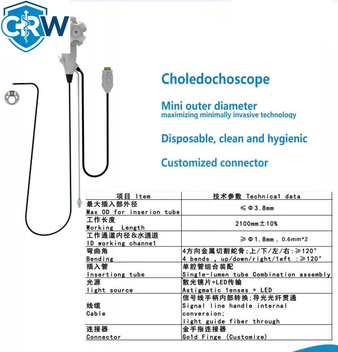 CRW Single-use Waterproof & Weatherproof Choledochoscope with USB Interface Built-in Battery Connected to Processor Imaging Syst