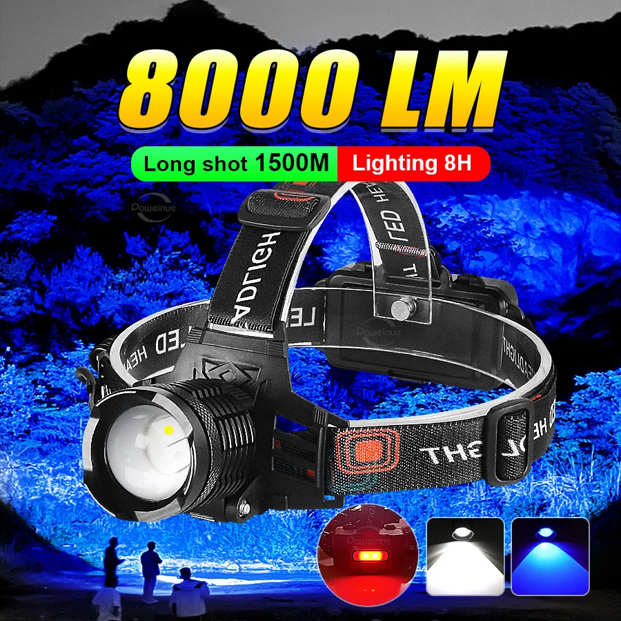 Super 8000LM Fishing Headlamp with Blue and White Light Zoomable Waterproof Front Head LED Light Use 18650 battery