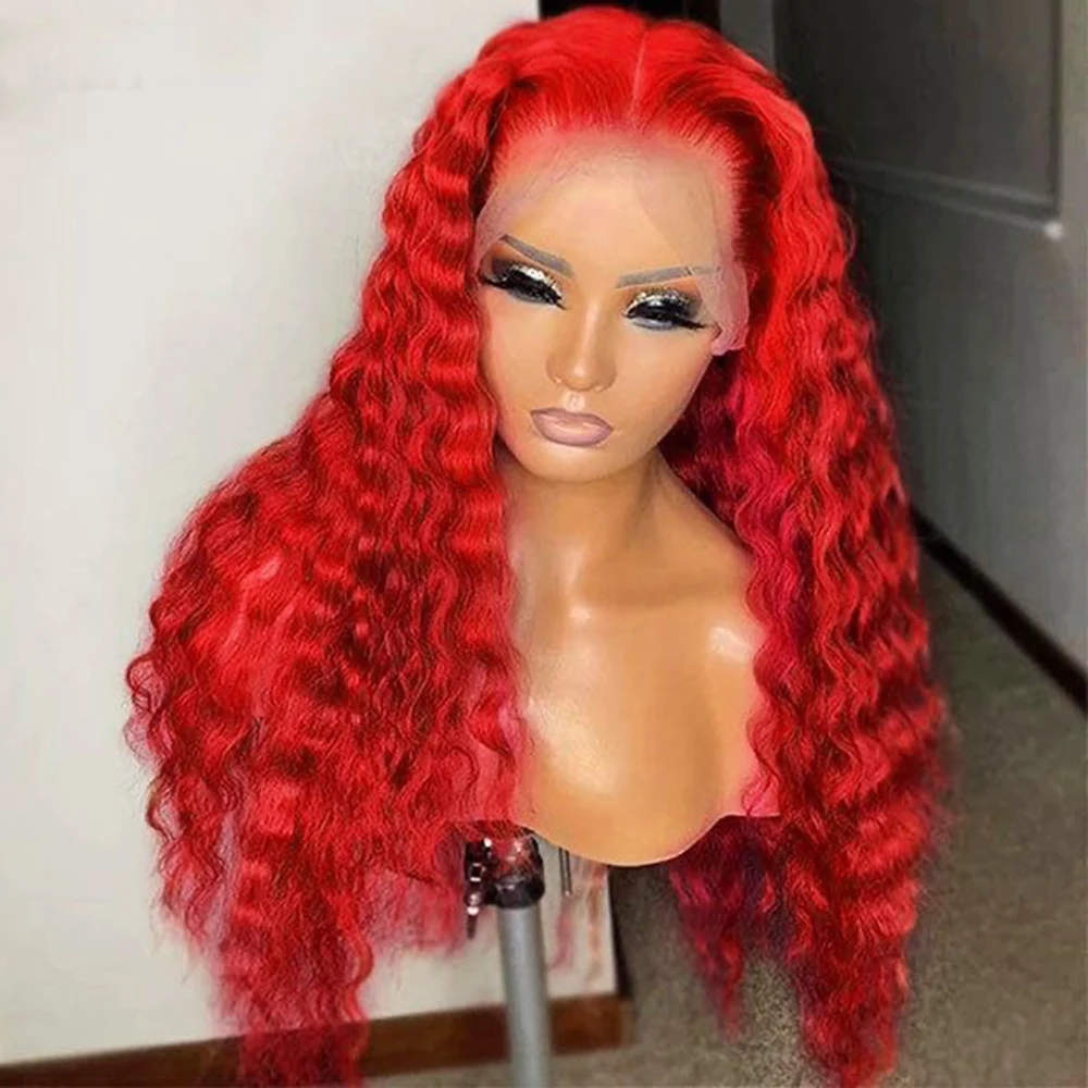 Hot Red Wig Long Curly Synthetic Front Lace Wigs For Women Red Kinky Curl Lace Hair Cosplay Natural Hairline Deep Wave Wig Daily