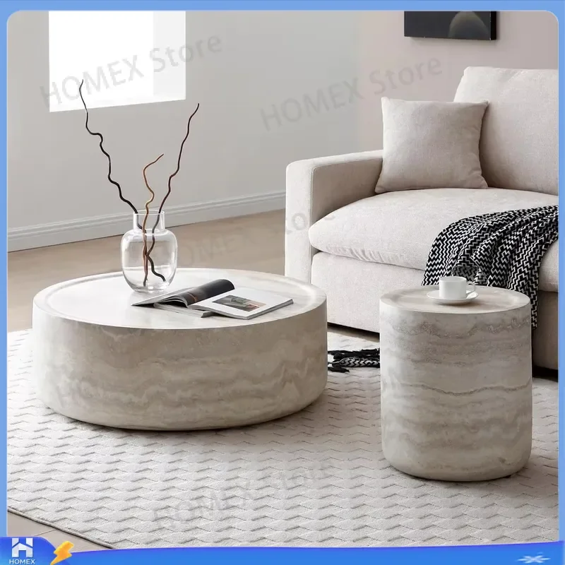 Modern Round Coffee Table Faux Marble Top Drum Center Table for Living Room Apartment Small Space Contemporary Home Furniture
