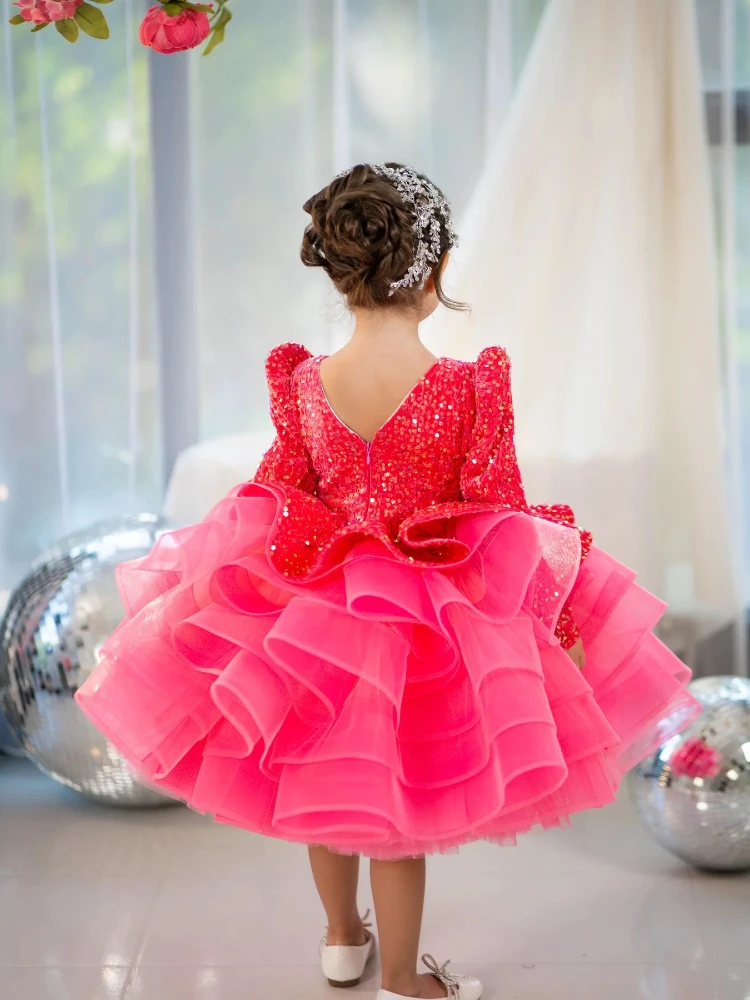 Shiny Long Sleeve Sequined Flower Girl Dresses Hot Pink Ruffles Girl's Birthday Party Dress Kids Pageant Dress Customized