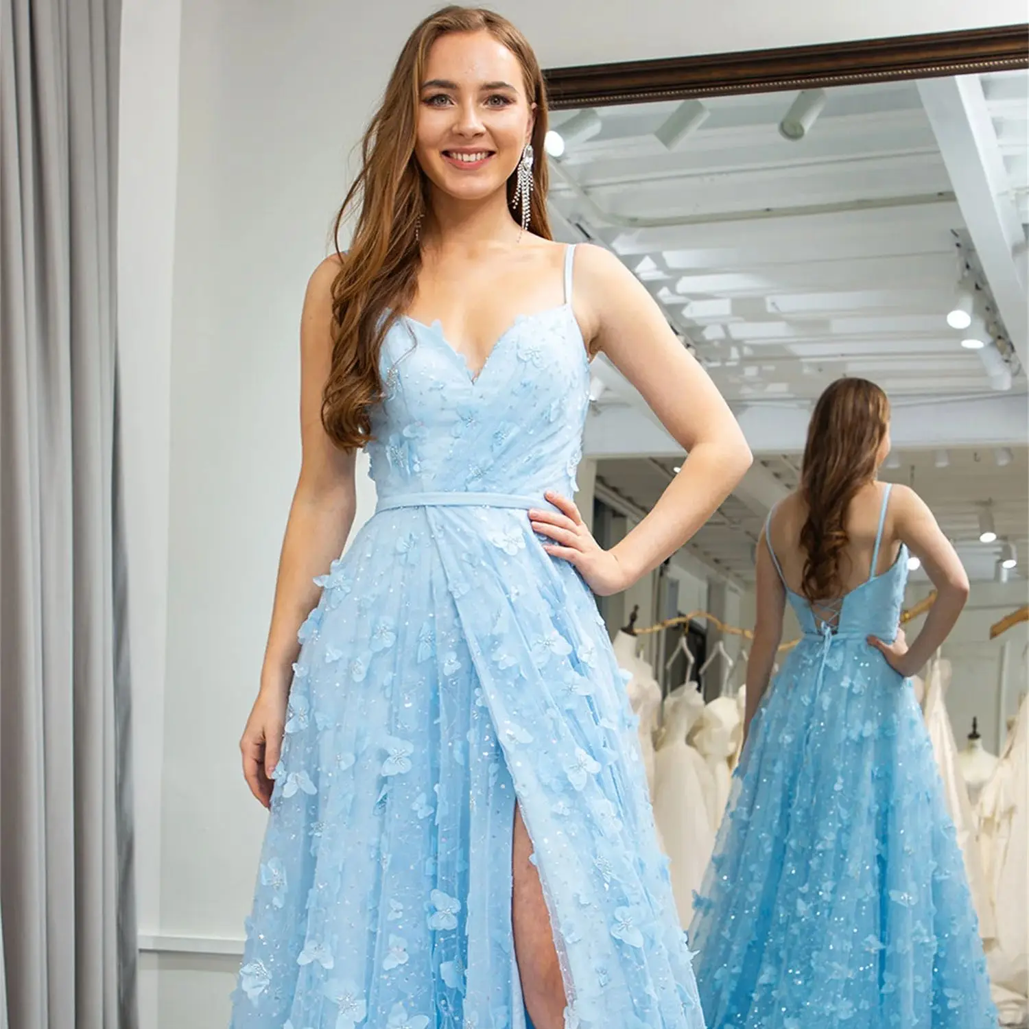 

Aileen Sky Blue Butterfly Backless Gala Dresses 2024 Wedding Dress Es Evening Gown Robe De Soiree Femmes Prom Sale