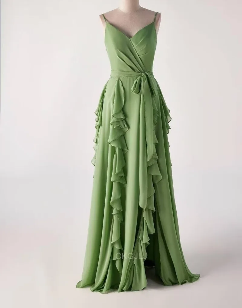 

Spaghetti Strap Bridesmaid Dresses for Women V Neck Ruffle Formal Maxi Dress Chiffon Evening Party Gown with Slit Vestidos