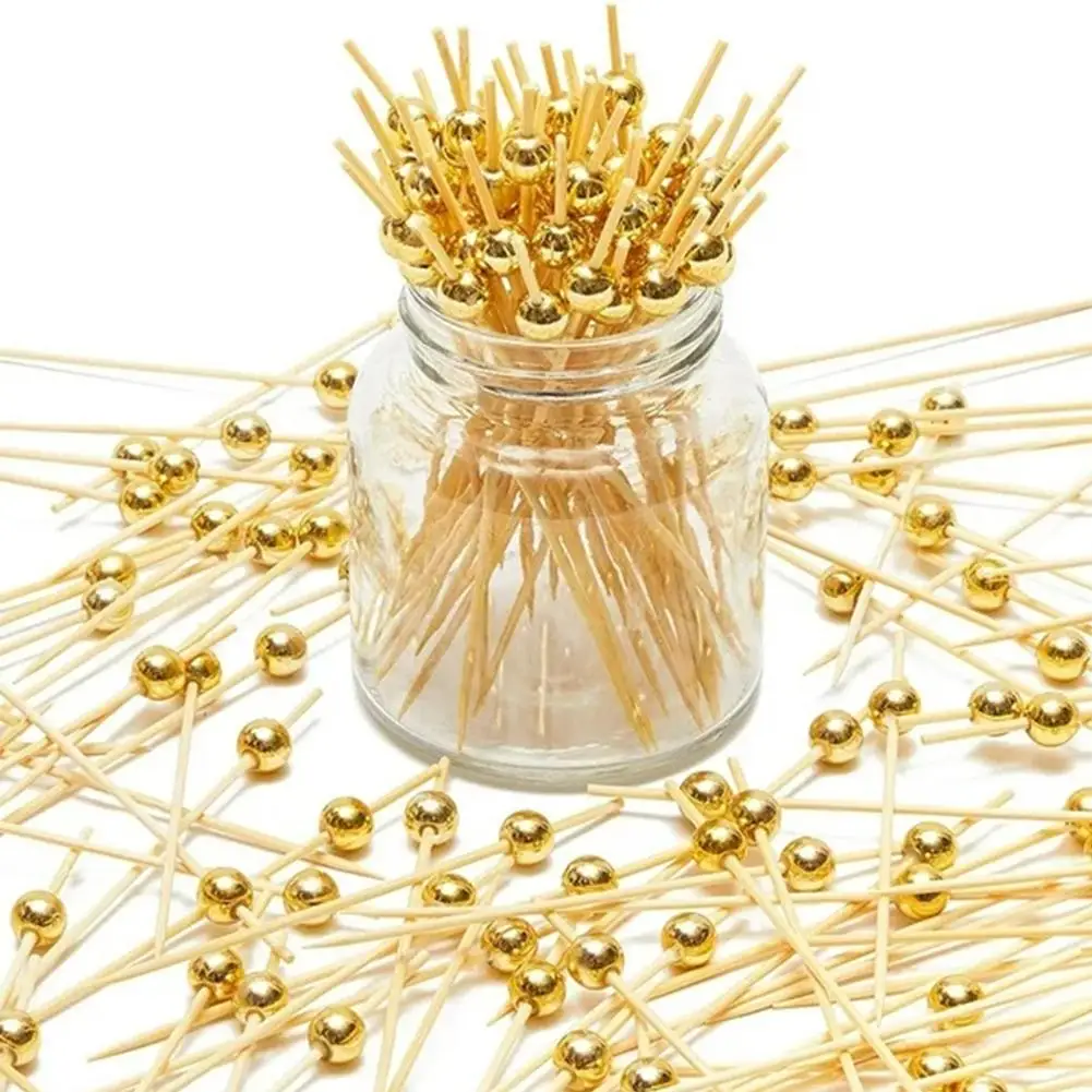 25/100Pcs Gold Beads Bamboo Fruit Sticks Fruit Salad Snack Fork Cocktail Decor Cake Buffet Toothpicks Wedding Party Supplies