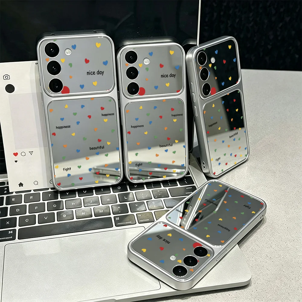 Trendige NICE DAY Buchstaben Bunte Herz-Spiegel Handyhülle für Samsung Galaxy S26 S25 S24 S23 Ultra A57 A56 A55 A54 A36 A35 A32