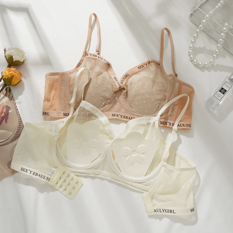 Women Letter Print Lace Bra Thin Cup See‑Through Mesh Underwire Bra Comfortable Breathable Ladies Everyday Underwear