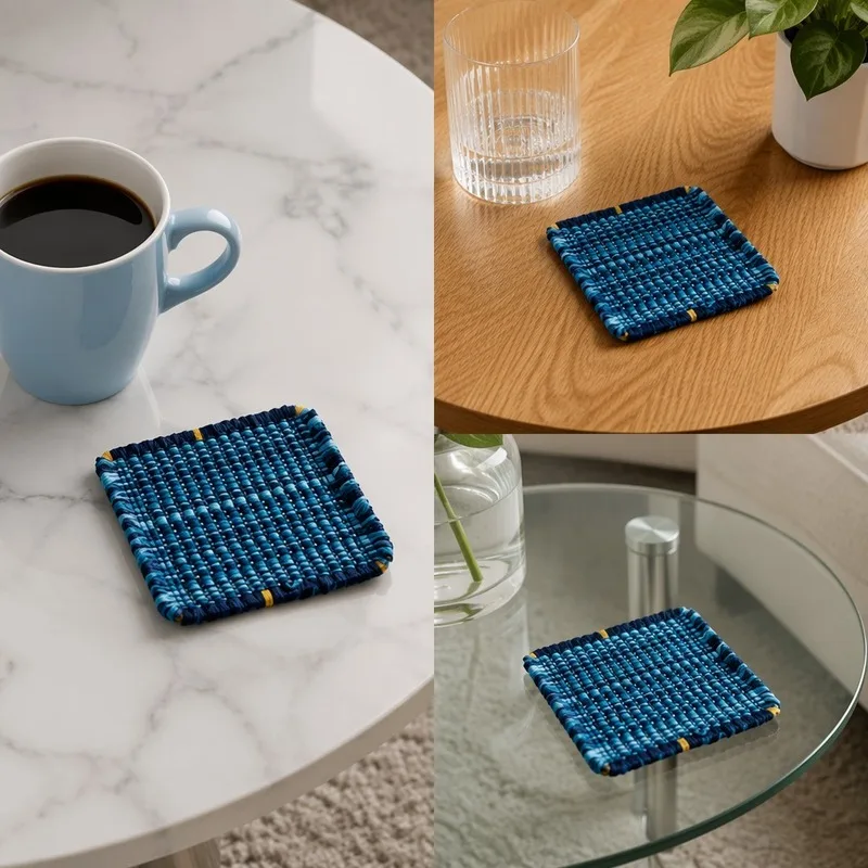 Square Navy Color Block Cotton Rope Coasters, Absorbent Heat Resistant Cup Mats for Coffee Tea Home B&B Decor