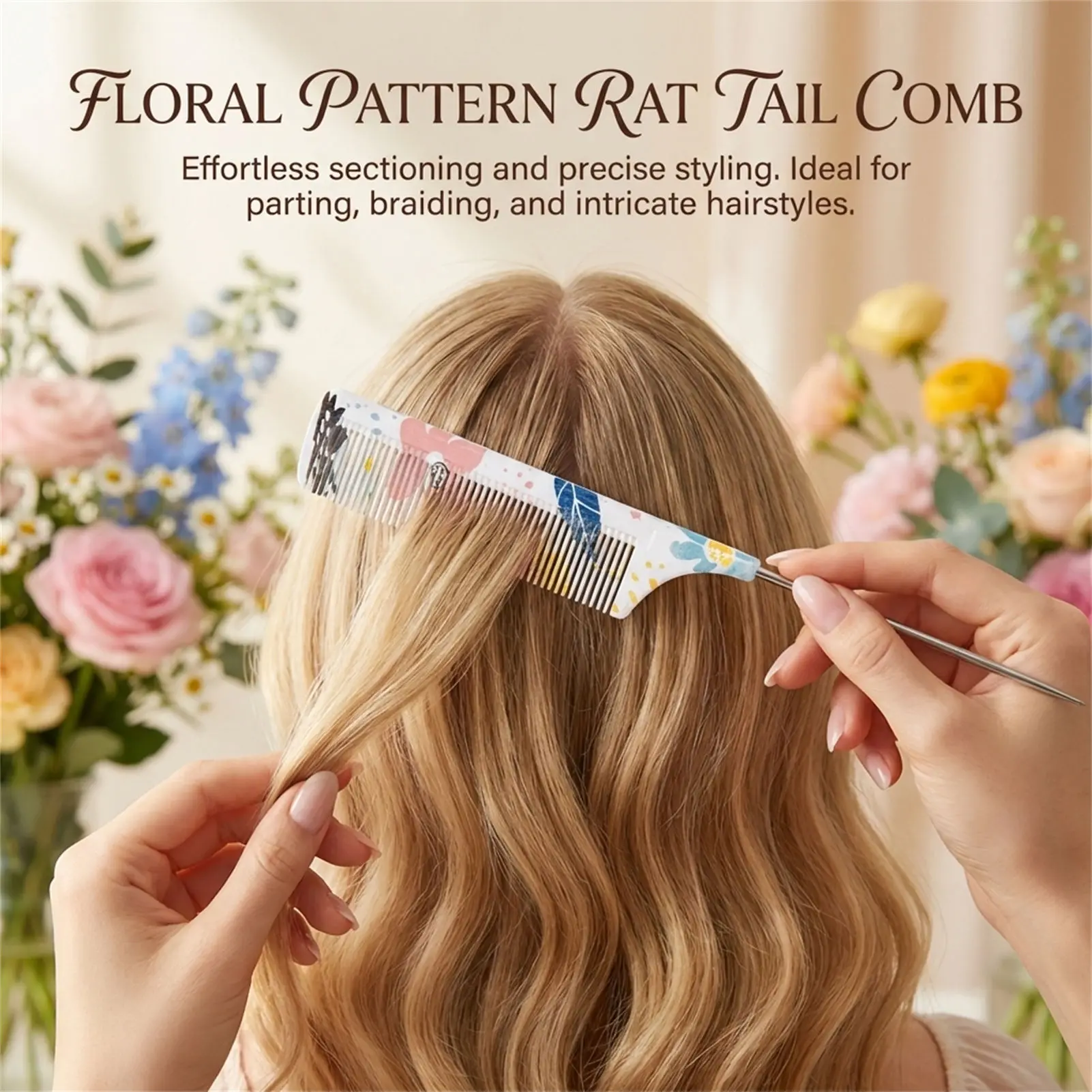 Hair Styling Tail Comb Nylon Bristles Steel Pin Printed Design Smooth Detangling Sectioning Tool for Professional Salon Home Use